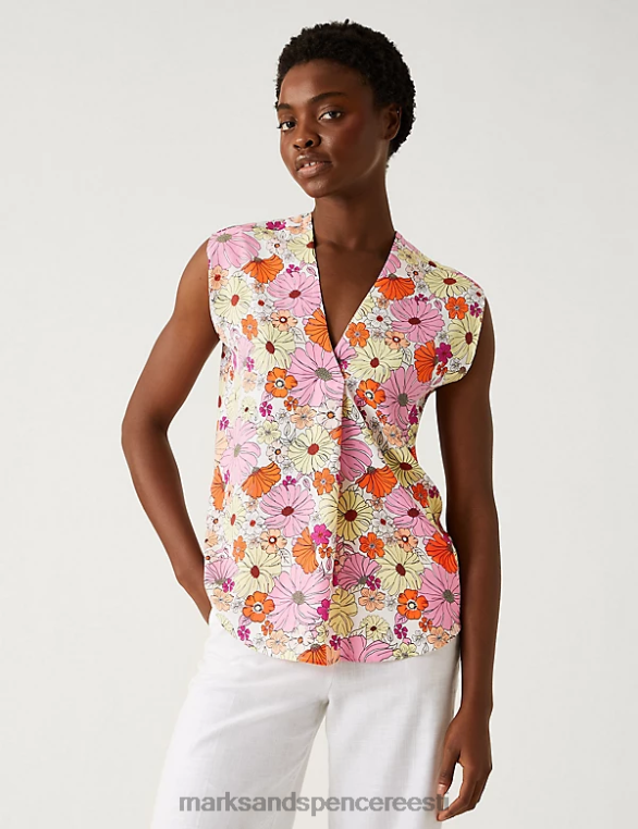Riietus ee Marks & Spencer naised satiintrükiga v-kaelusega popover pluus apelsini segu NZTRN1857