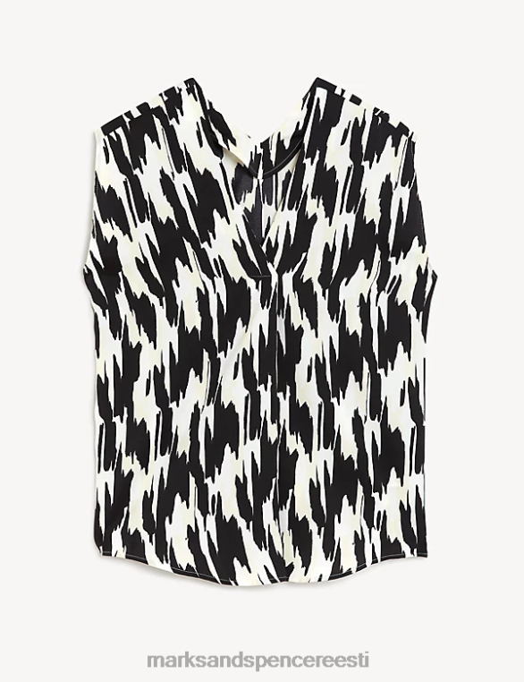 Riietus ee Marks & Spencer naised satiintrükiga v-kaelusega popover pluus must segu NZTRN1856