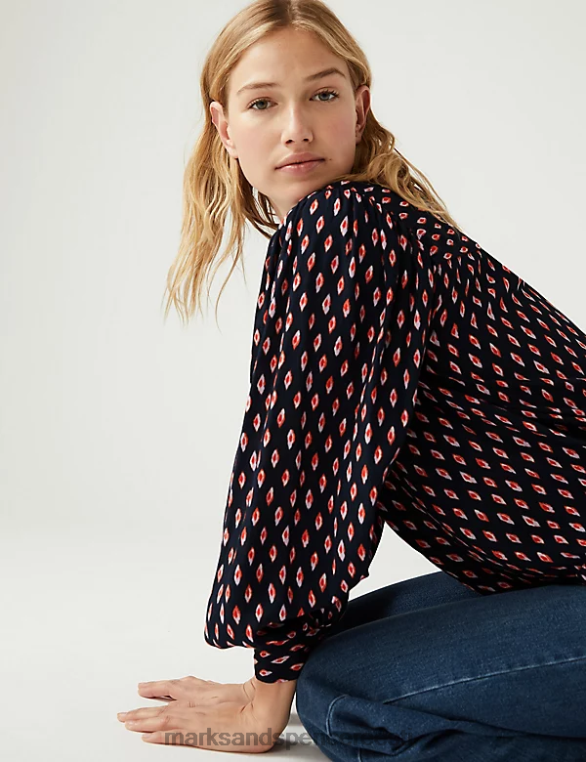 Riietus ee Marks & Spencer naised trükitud kaelusega pluus mereväe segu NZTRN186