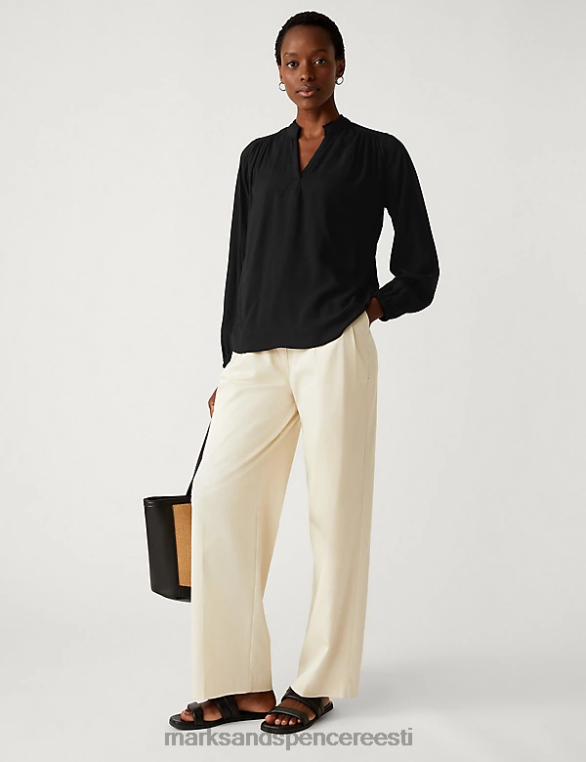 Riietus ee Marks & Spencer naised v-kaelusega volangpluus, varrukatega popover pluus must NZTRN2047
