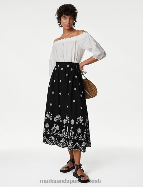 Riietus ee Marks & Spencer naised puhtast puuvillast broderie midi astmeline seelik must NZTRN2256