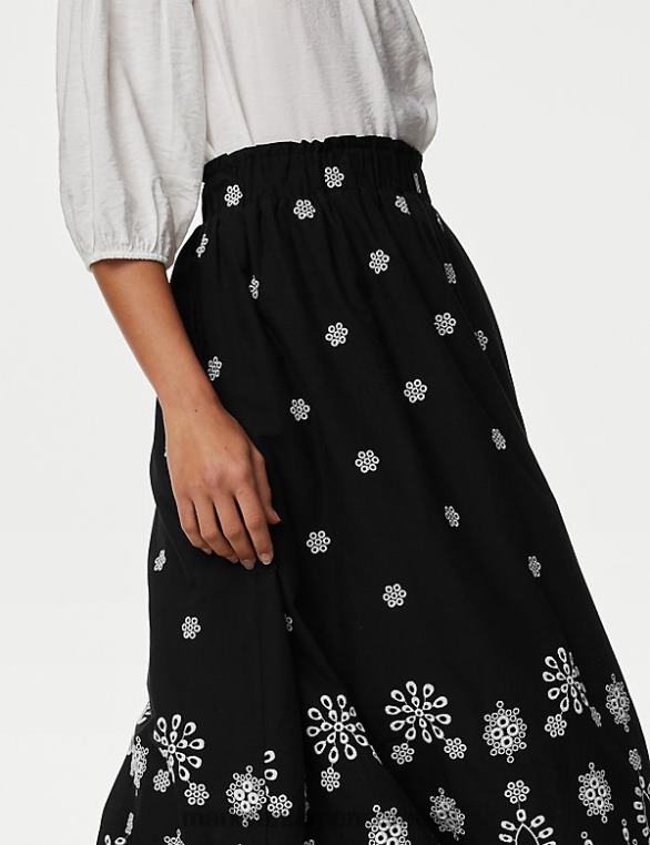 Riietus ee Marks & Spencer naised puhtast puuvillast broderie midi astmeline seelik must NZTRN2256