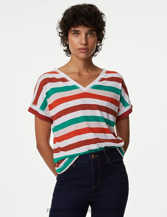 Riietus ee Marks & Spencer naised linane rikkaliku triibuline v-kaelusega T-särk apelsini segu NZTRN2505