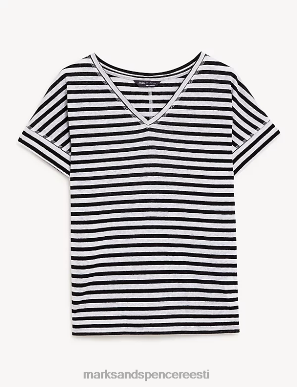 Riietus ee Marks & Spencer naised linane rikkaliku triibuline v-kaelusega T-särk must segu NZTRN2163