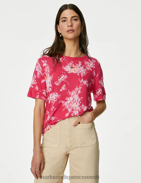Riietus ee Marks & Spencer naised linasegust geomeetriline lühikeste varrukatega T-särk rubiin NZTRN2559