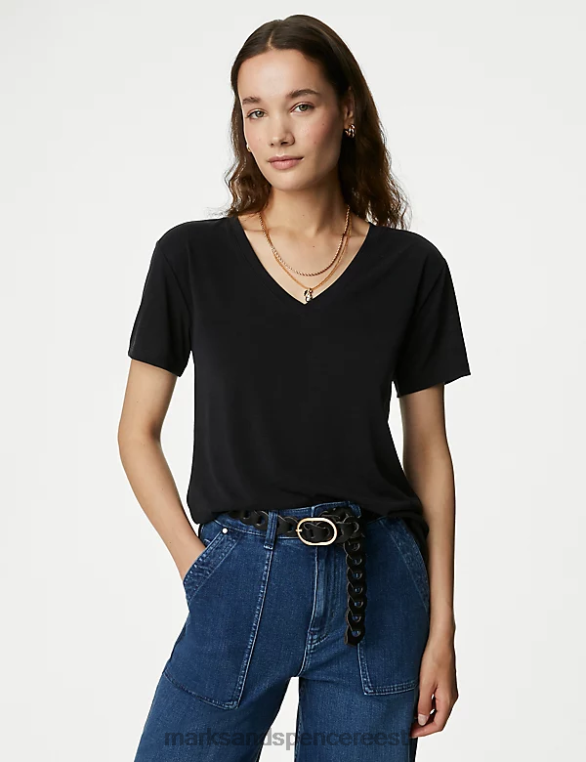 Riietus ee Marks & Spencer naised modaalselt rikkaliku v-kaelusega T-särk must NZTRN2299