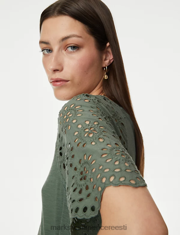 Riietus ee Marks & Spencer naised puhtast puuvillast broderie detail T-särk antiikroheline NZTRN2180