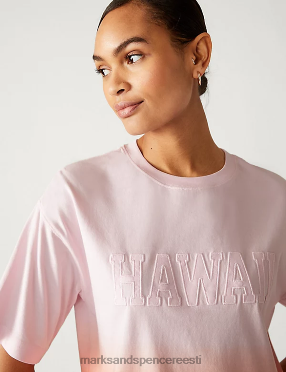 Riietus ee Marks & Spencer naised puhtast puuvillast hawaii slogan t-särk roosa segu NZTRN2598