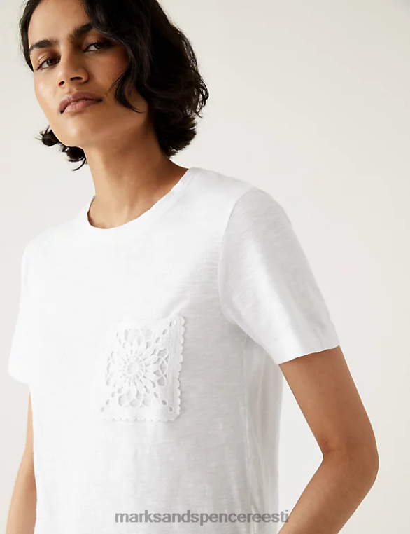 Riietus ee Marks & Spencer naised puhtast puuvillast pitsist tasku-t-särk pehme valge NZTRN2578