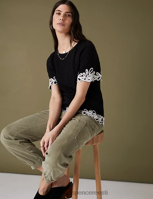 Riietus ee Marks & Spencer naised puhtast puuvillast tikitud T-särk must NZTRN3319
