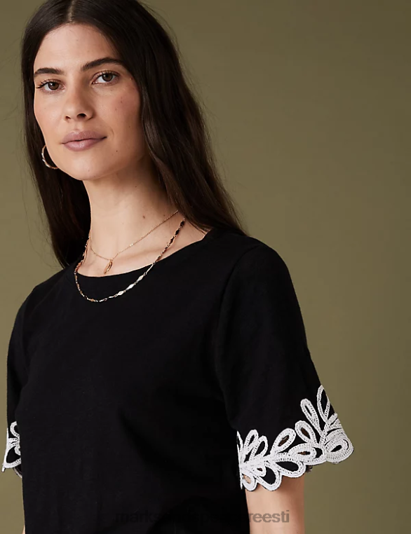 Riietus ee Marks & Spencer naised puhtast puuvillast tikitud T-särk must NZTRN3319