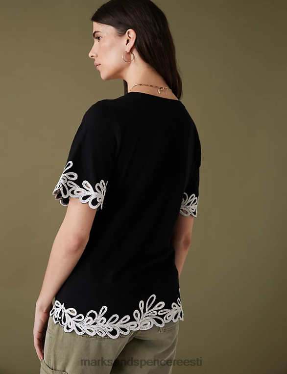 Riietus ee Marks & Spencer naised puhtast puuvillast tikitud T-särk must NZTRN3319