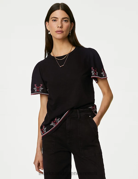 Riietus ee Marks & Spencer naised puhtast puuvillast tikitud T-särk must segu NZTRN3137