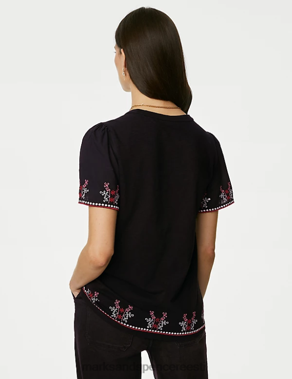 Riietus ee Marks & Spencer naised puhtast puuvillast tikitud T-särk must segu NZTRN3137