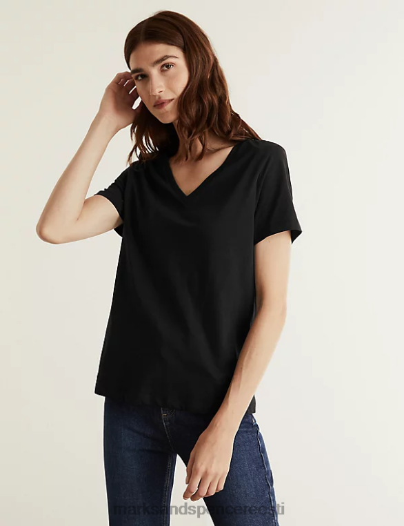 Riietus ee Marks & Spencer naised puhtast puuvillast v-kaelusega T-särk must NZTRN2418