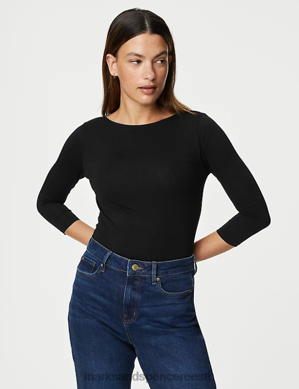 Riietus ee Marks & Spencer naised 2 tk puuvillast rikas slim fit topid must NZTRN1774