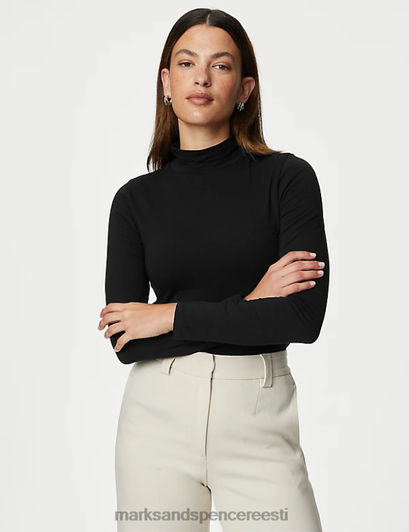 Riietus ee Marks & Spencer naised 2 tk puuvillast rikas slim fit topid must NZTRN2343