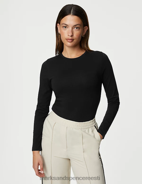 Riietus ee Marks & Spencer naised 2 tk puuvillast rikas slim fit topid must NZTRN3234