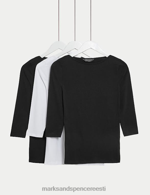 Riietus ee Marks & Spencer naised 3 tk puuvillast rikkaliku kaldkriipsuga kaelusega topid must segu NZTRN1799