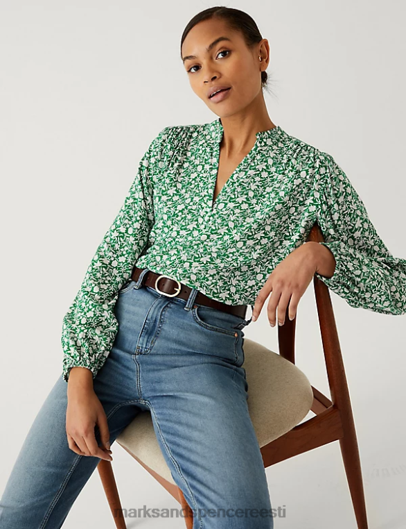 Riietus ee Marks & Spencer naised lilleline v-kaelusega popover pluus roheline segu NZTRN1040