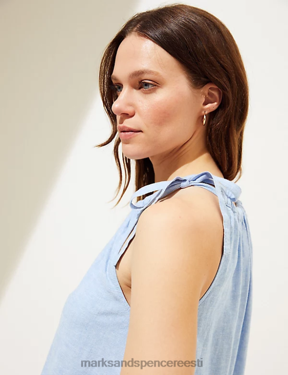 Riietus ee Marks & Spencer naised linane rikkalik kõrge kaelusega lipsu detail cami top kerge chambray NZTRN2309