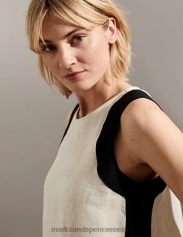 Riietus ee Marks & Spencer naised puhas linane crew kaelus pool triip vesti top looduslik segu NZTRN1332
