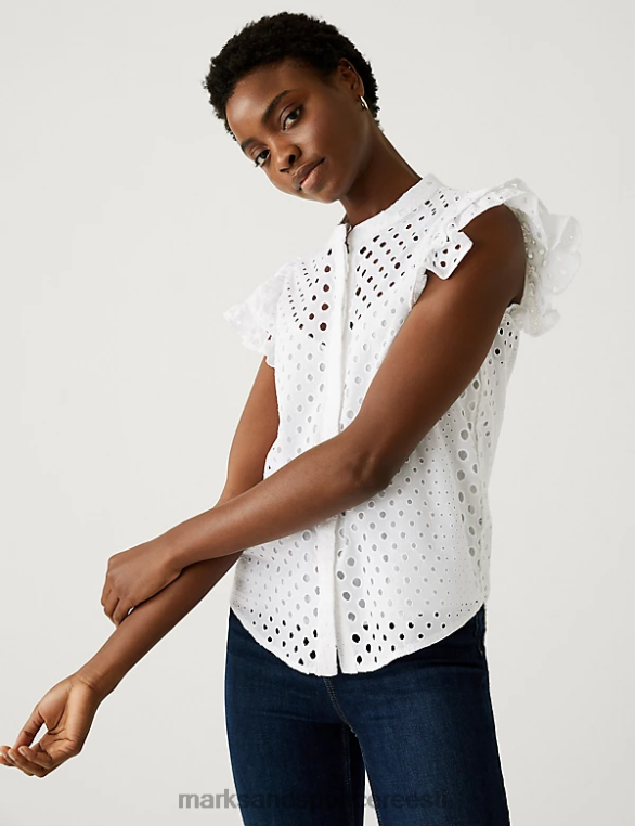 Riietus ee Marks & Spencer naised puhtast puuvillast broderie sateering detail top pehme valge NZTRN2318