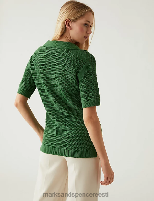 Riietus ee Marks & Spencer naised puhtast puuvillast kraega kootud topp keskmine roheline NZTRN298