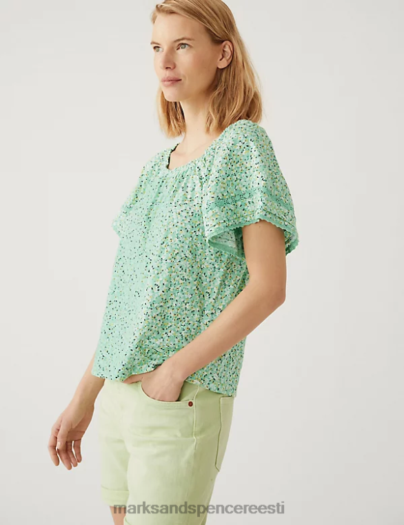 Riietus ee Marks & Spencer naised puhtast puuvillast lilleline topp roheline segu NZTRN695