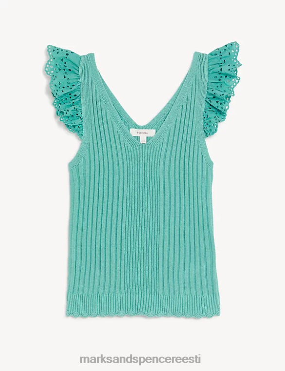Riietus ee Marks & Spencer naised puhtast puuvillast soonikuga volangdetailid kootud topp mereroheline NZTRN2110