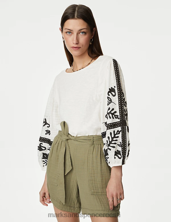 Riietus ee Marks & Spencer naised puhtast puuvillast tikitud top ekru NZTRN2571