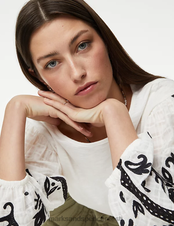 Riietus ee Marks & Spencer naised puhtast puuvillast tikitud top ekru NZTRN2571