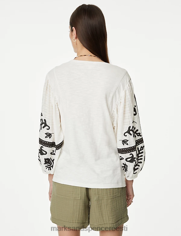 Riietus ee Marks & Spencer naised puhtast puuvillast tikitud top ekru NZTRN2571
