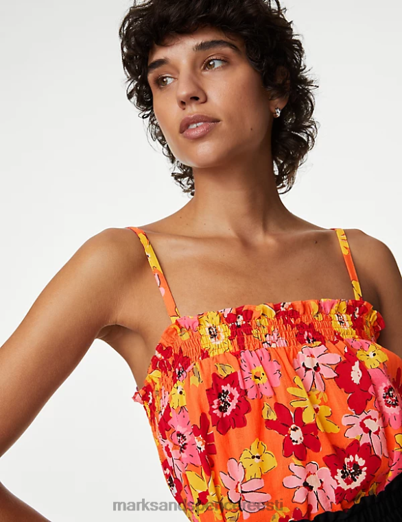 Riietus ee Marks & Spencer naised puhtast puuvillast trükitud smocked detail cami top apelsini segu NZTRN2949