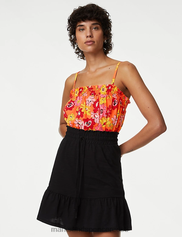 Riietus ee Marks & Spencer naised puhtast puuvillast trükitud smocked detail cami top apelsini segu NZTRN2949