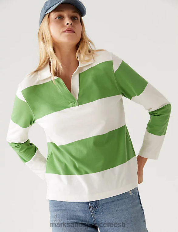 Riietus ee Marks & Spencer naised puhtast puuvillast triibuline ragbi top roheline segu NZTRN837