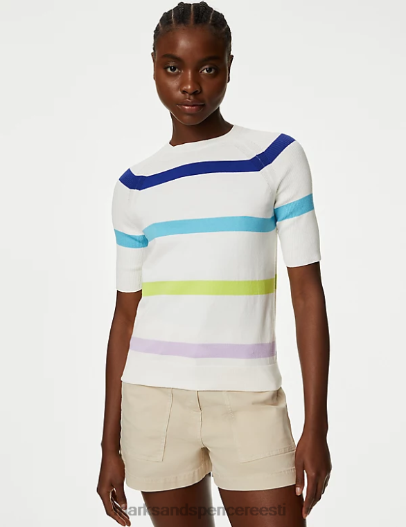 Riietus ee Marks & Spencer naised puuvillane rikas triibuline soonik kootud topp elevandiluu segu NZTRN460