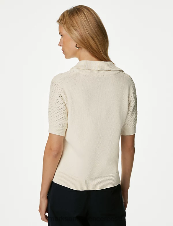 Riietus ee Marks & Spencer naised puuvillase rikkaliku kraega kootud topp ekru NZTRN39