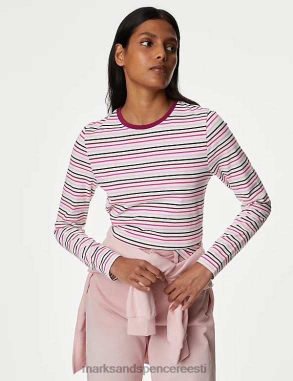 Riietus ee Marks & Spencer naised puuvillase rikkaliku triibuga slim fit top punane segu NZTRN2929
