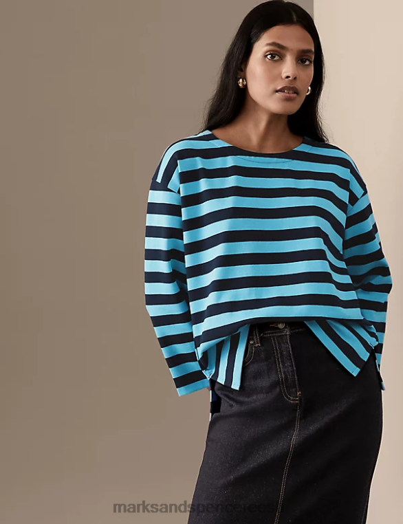 Riietus ee Marks & Spencer naised puuvillase rikkaliku triibuga topp türkiissinine segu NZTRN2880