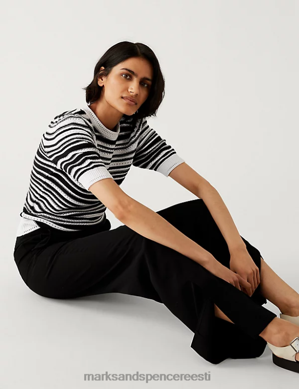 Riietus ee Marks & Spencer naised puuvillase rikkaliku triibulise kaelusega kootud topp must segu NZTRN2416