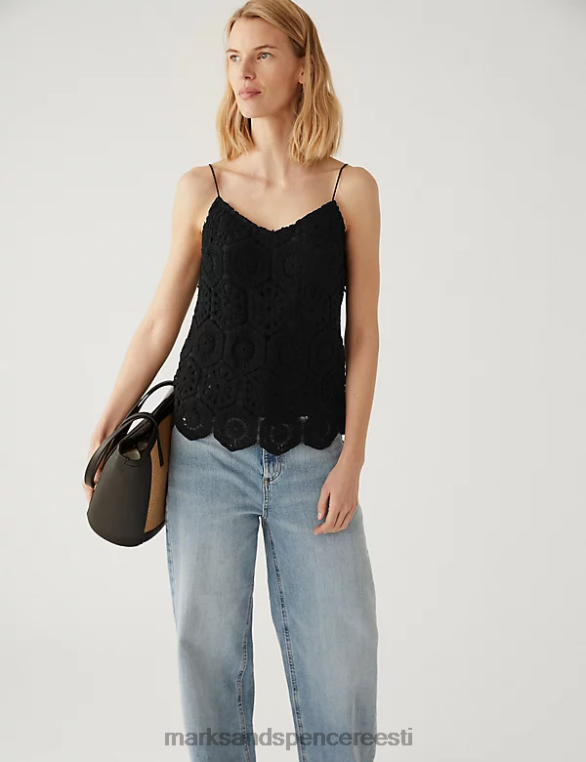 Riietus ee Marks & Spencer naised puuvillast rikkalikult tikitud cami top must NZTRN2689