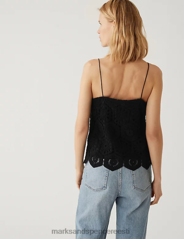 Riietus ee Marks & Spencer naised puuvillast rikkalikult tikitud cami top must NZTRN2689