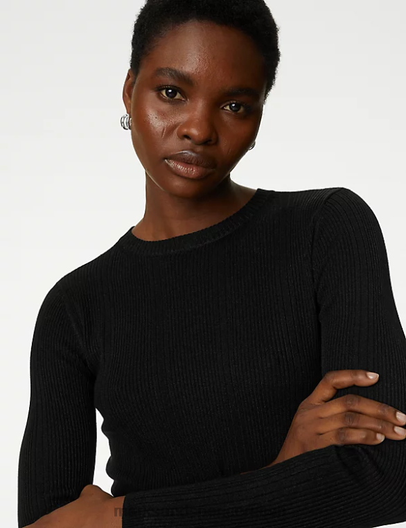 Riietus ee Marks & Spencer naised soonikkoes kaelusega liibuv silmkoeline topp must NZTRN1230
